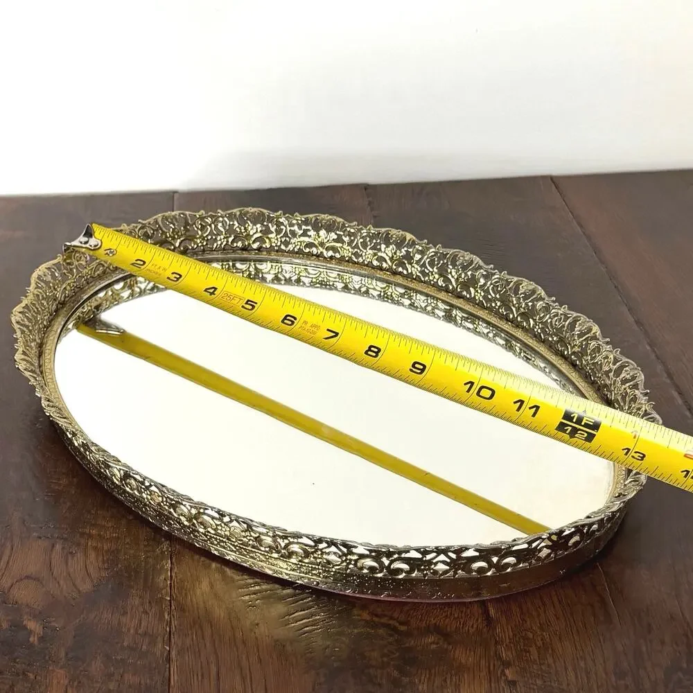 Vintage Gold Tone Filigree Mirrored Vanity Tray 13x10
